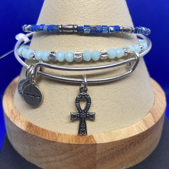💙ALEX AND ANI💙Set of 3-Ankh & 2 Beaded Bangle Bracelets in Rafaelian Silver - Picture 2 of 5